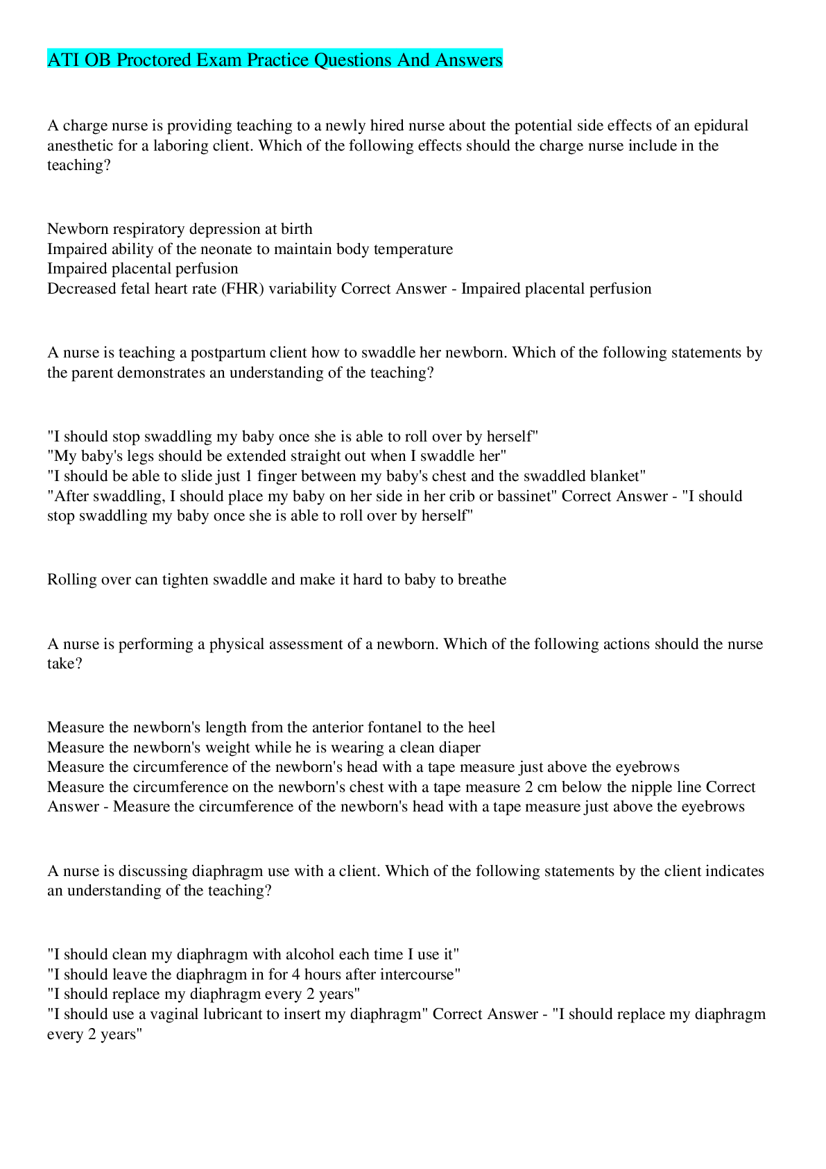 Preview image for ATI OB Proctored Exam Practice Questions And Answers